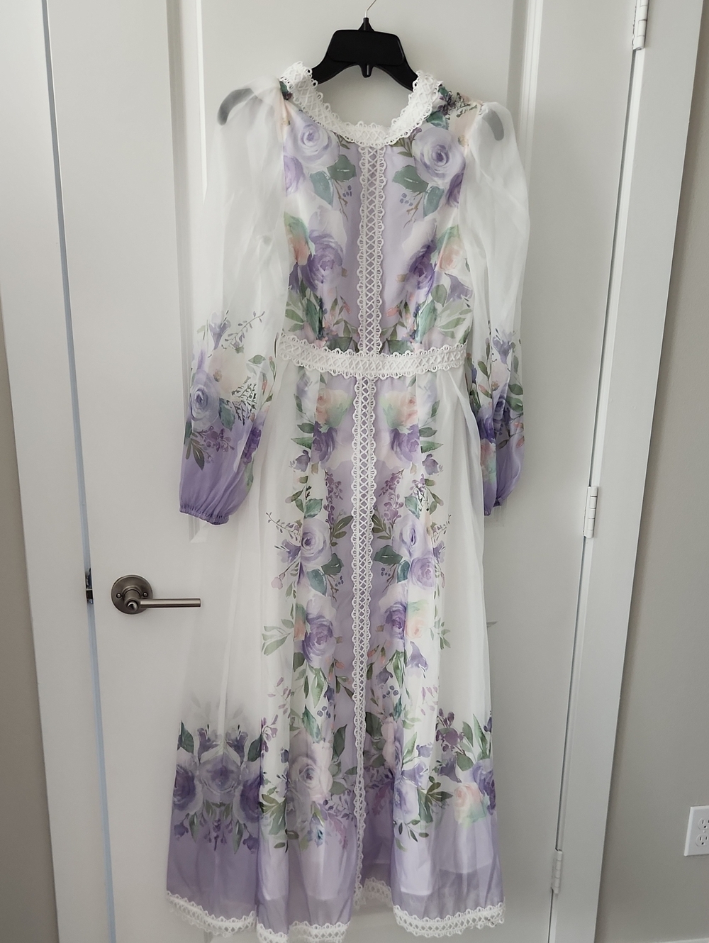 Sheer Floral Lace Trim Maxi Dress in Lavender and White